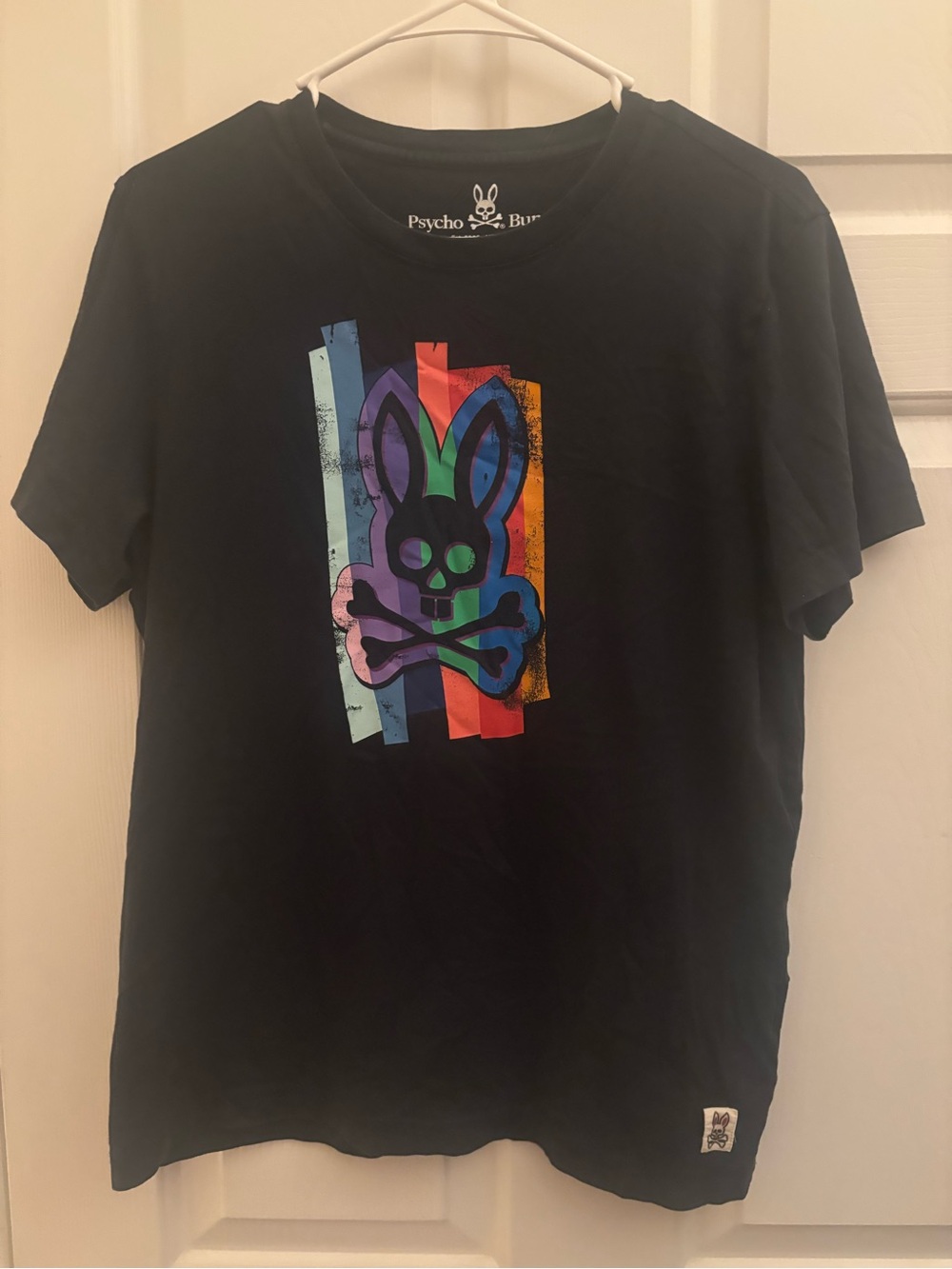 Psycho Bunny Black Tee with Multicolor Striped Skull Bunny Size 4